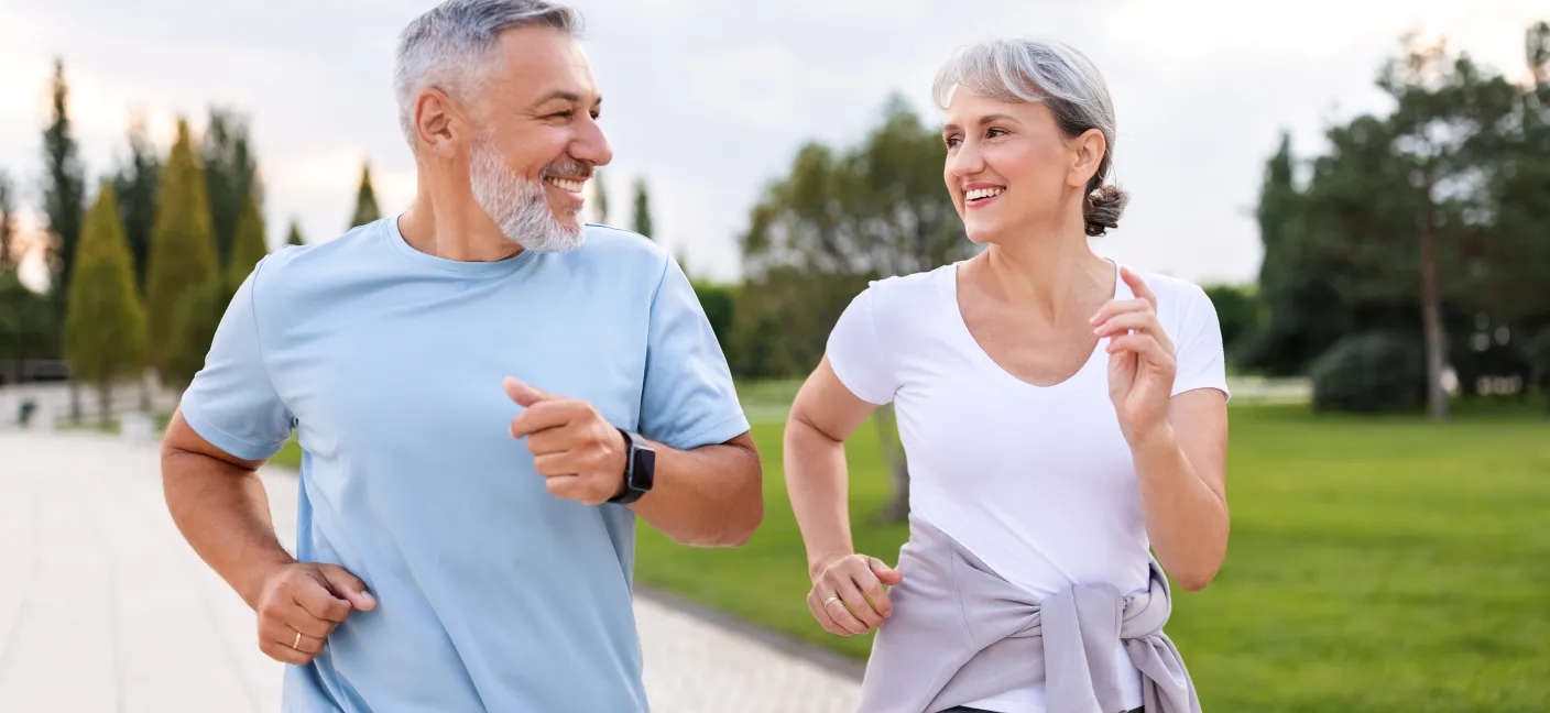 Man and woman running happy